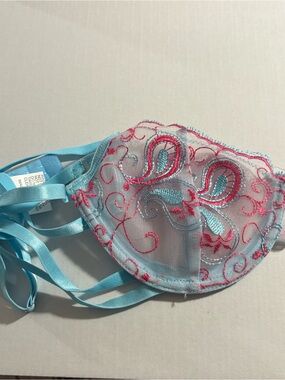 Paisley Embroidered Light Blue and Pink Mesh Underwire Bra.